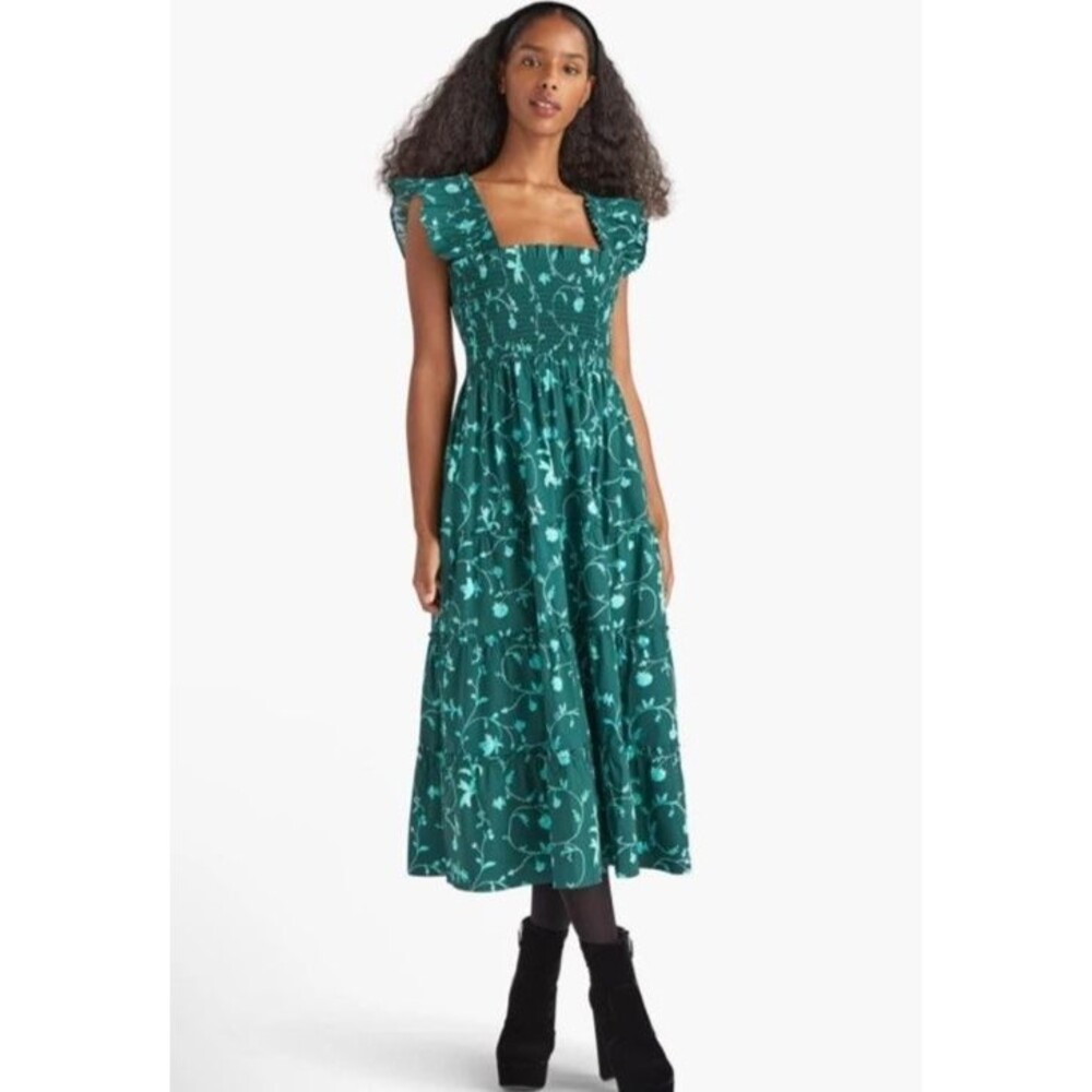 Hill House Home The Ellie Nap Dress Women Green Botanical Floral Smocked Midi S
